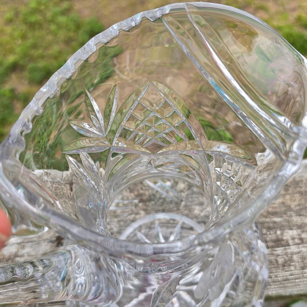 Etched Heavy Cut Crystal Pitcher Decanter Handle Floral Motif - Picture 13 of 14
